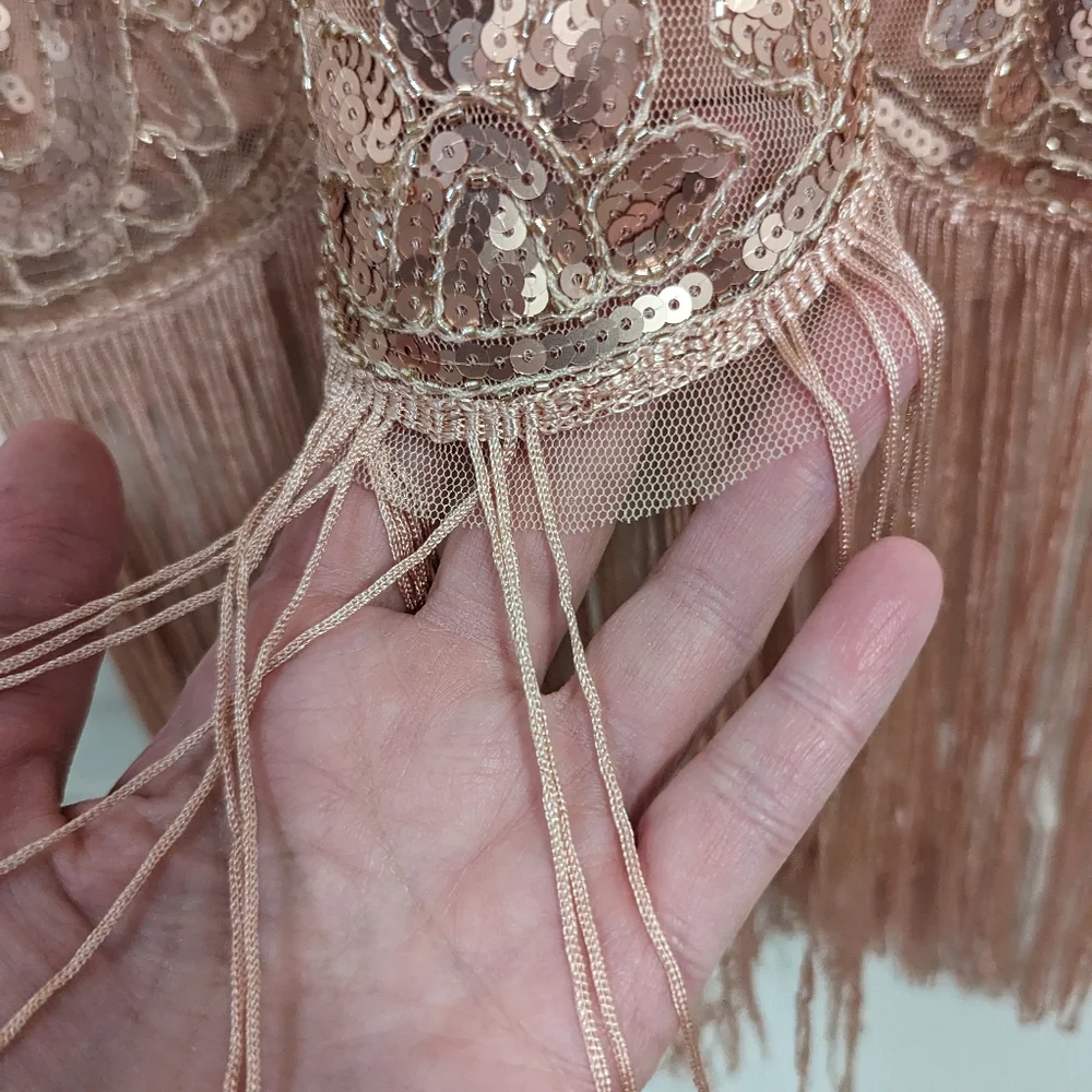 Kayamiya rose gold blush flapper dress sequin fringe size small (read condition)